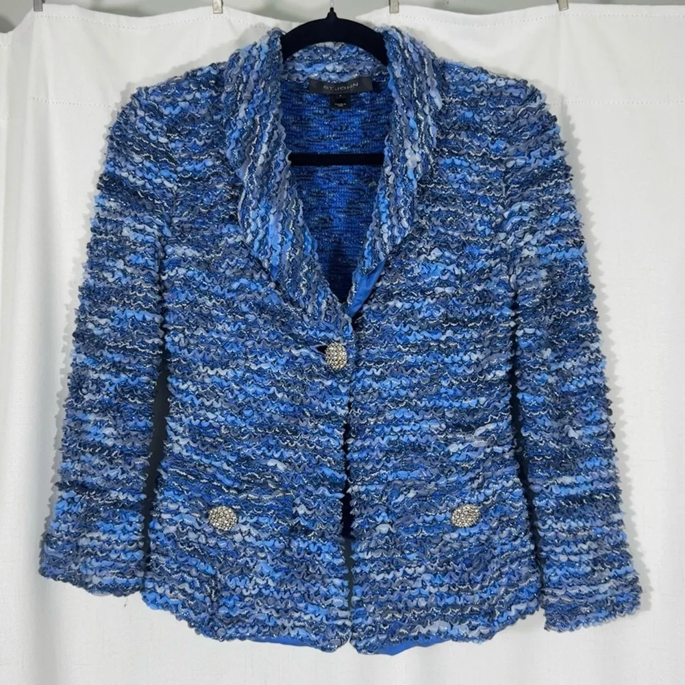 St. John Blue Bouclé Knit Blazer with Rhinestone Buttons - Picture 1 of 9